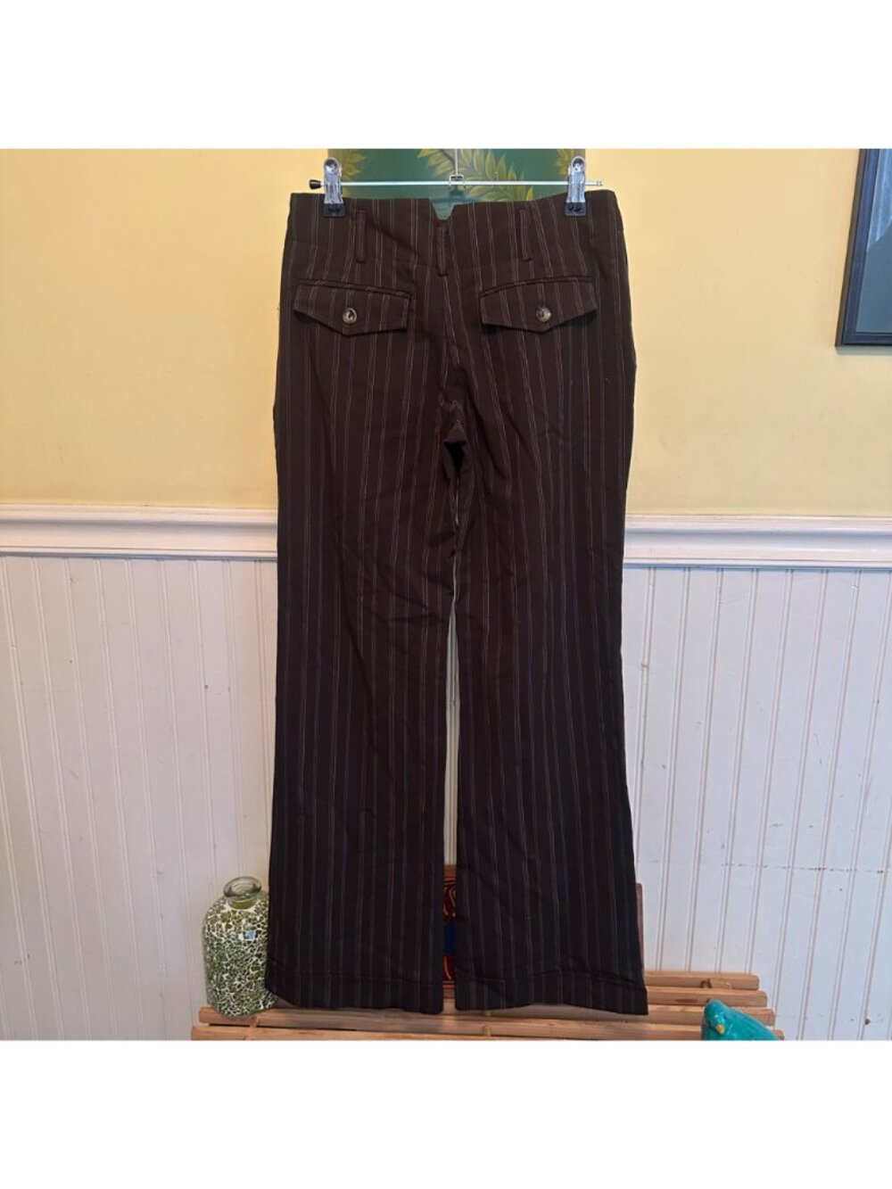 Vintage IZ Beyer Brown Pinstripe Wide-Leg Pants Buttoned Back Pockets Belt loops - Picture 2 of 7